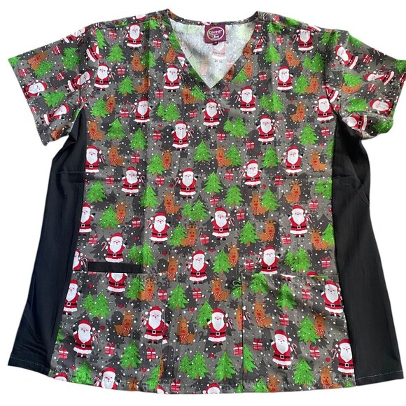 Divine Scrubs by JDM Christmas Scrub Top Size 2X- Santas & Reindeers - Picture 1 of 4